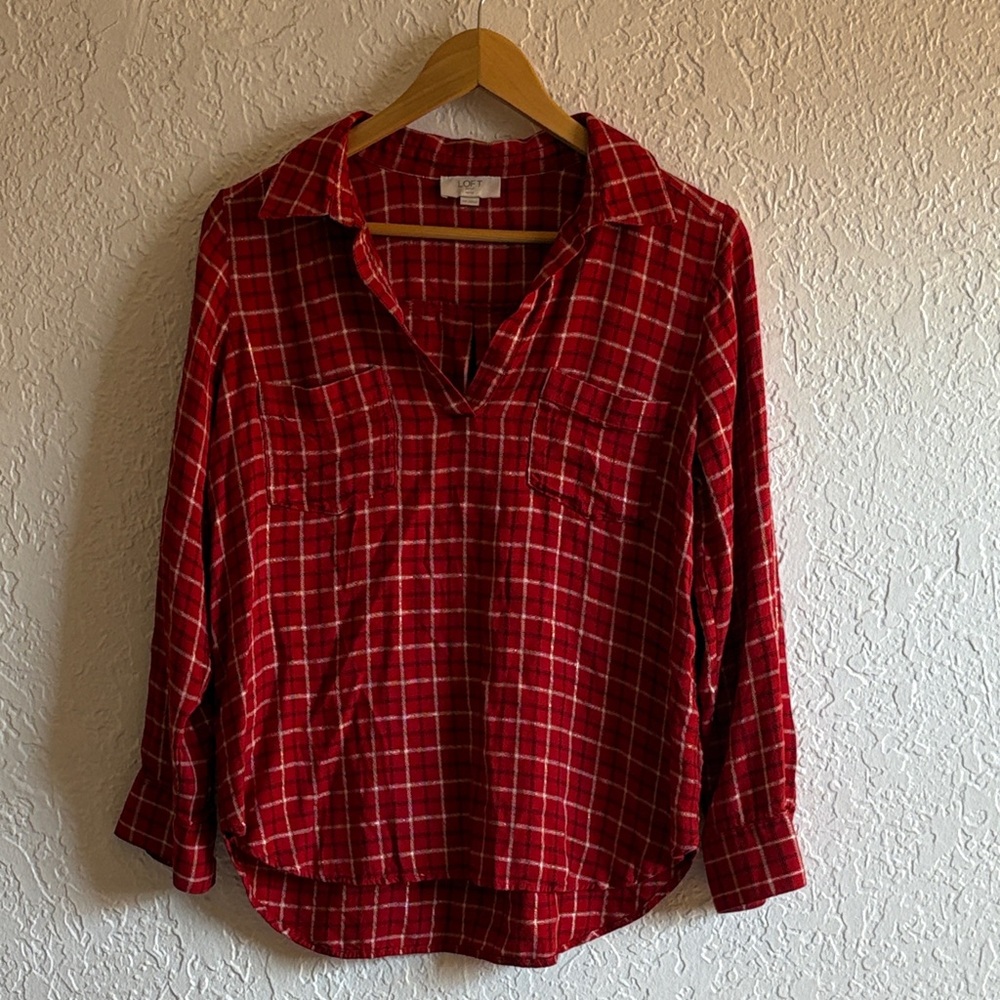LOFT Red Plaid Button Down Shirt